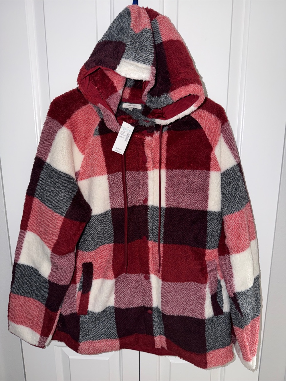 Maurices Cozy Plush Hooded Plaid Jacket - Red, Pink, Gray, Cream